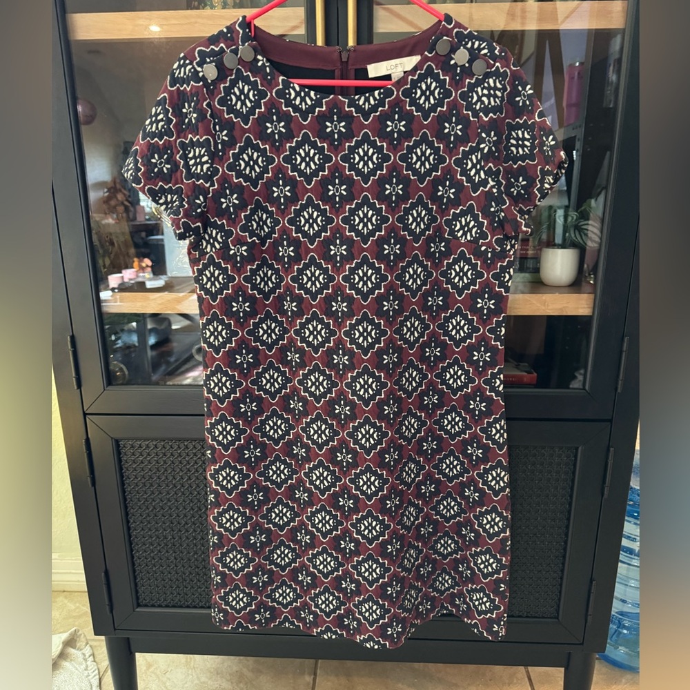 This Loft dress is maroon and navy, textured, thick material.